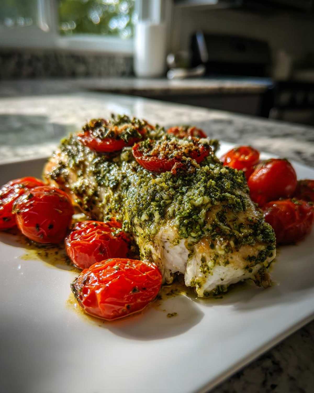 Close-up of One-Pan Pesto Chicken with Tomatoes, featuring pesto-crusted chicken breast and roasted cherry tomatoes on a white plate.