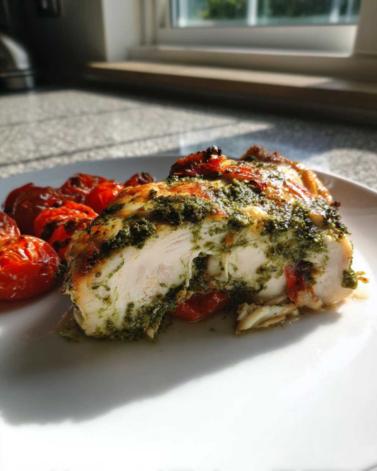 A sliced piece of juicy One-Pan Pesto Chicken with Tomatoes showing the white interior and green pesto topping.