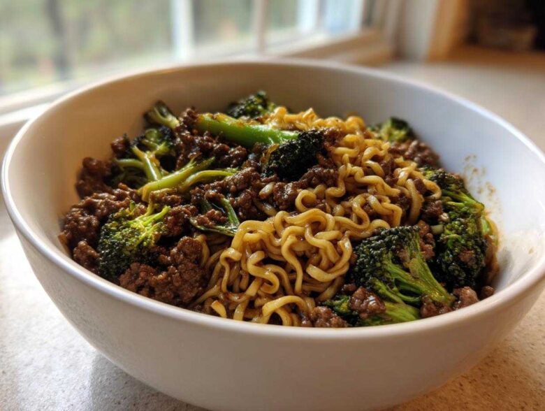 A close-up of One-Pot Beef and Broccoli Ramen Noodles mixed together in a white bowl.