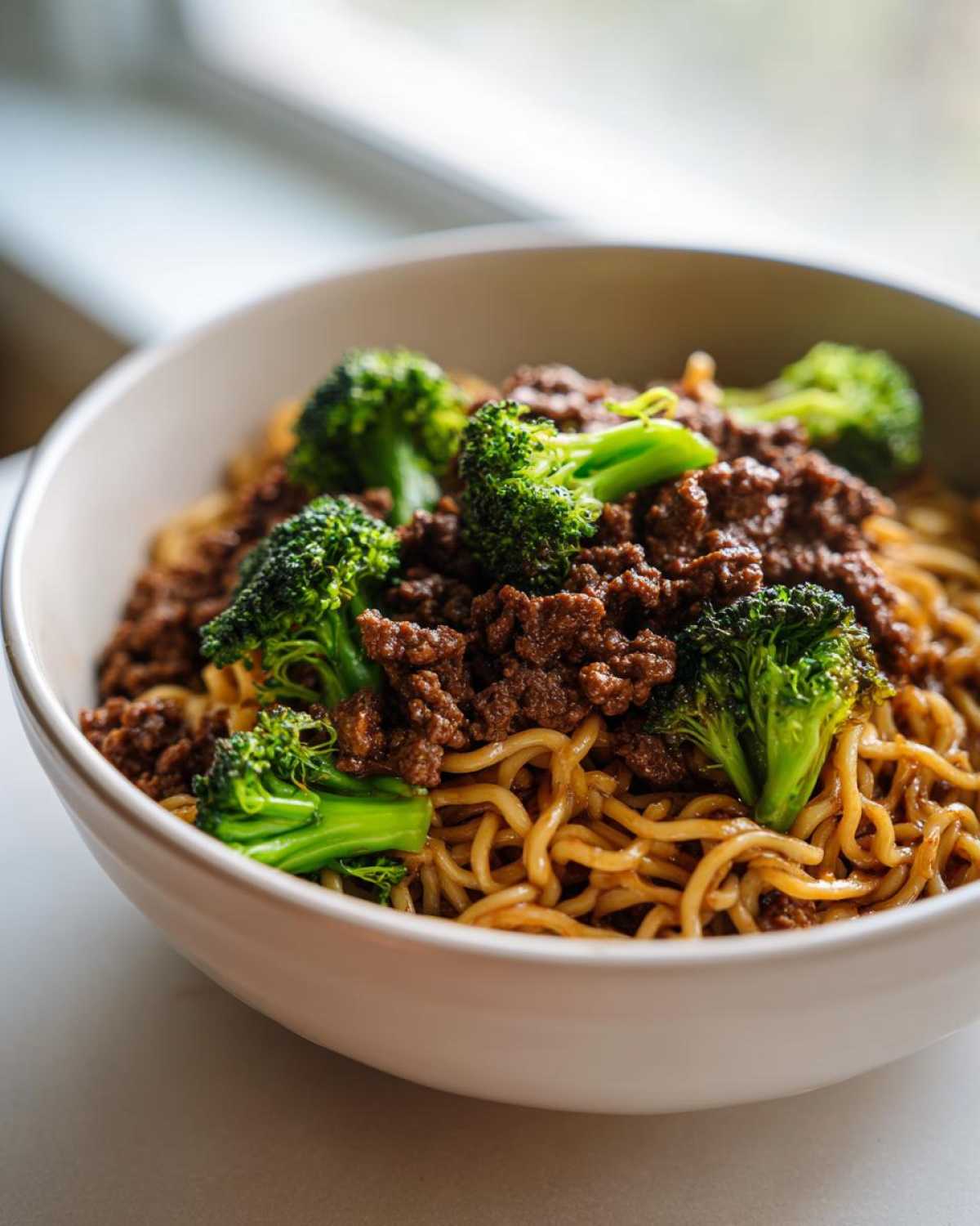 A close-up of One-Pot Beef and Broccoli Ramen Noodles in a white bowl, featuring ground beef and bright green broccoli florets.