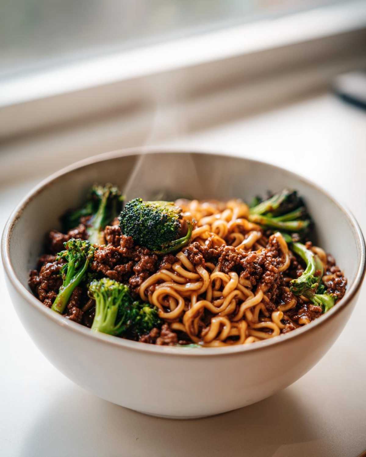 A steaming bowl of One-Pot Beef and Broccoli Ramen Noodles featuring ground beef, noodles, and bright green broccoli florets.