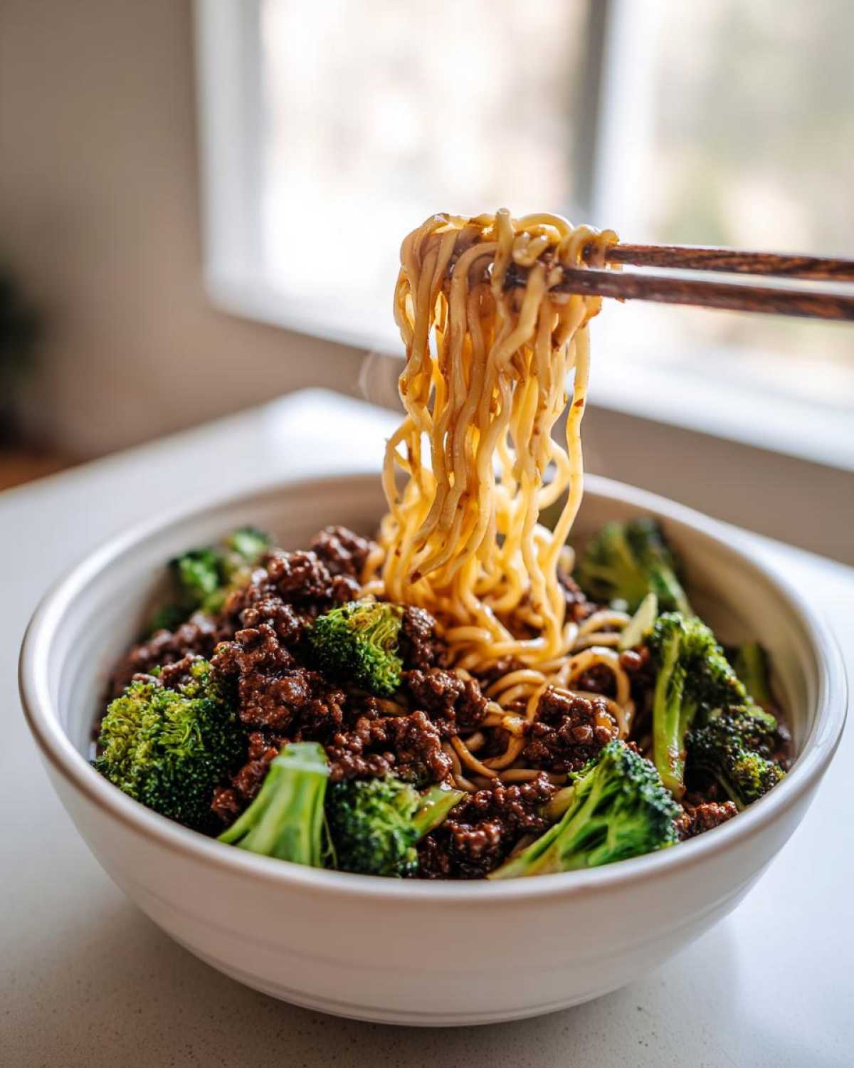 Chopsticks lifting saucy noodles from a bowl of One-Pot Beef and Broccoli Ramen Noodles.