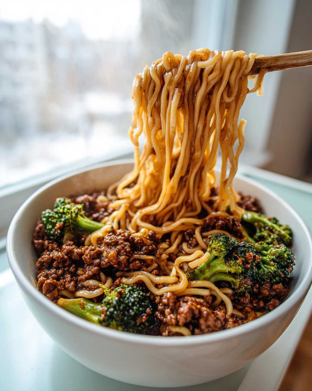 Chopsticks lifting steaming noodles from a bowl of One-Pot Beef and Broccoli Ramen Noodles.