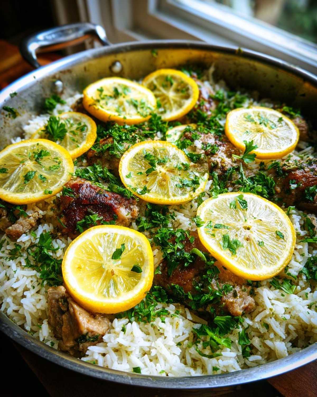 Close-up of One-Pot Chicken and Rice with Lemon and Herbs, garnished with fresh parsley and lemon slices.