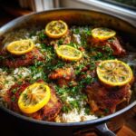 Close-up of One-Pot Chicken and Rice with Lemon and Herbs, featuring browned chicken thighs over white rice, garnished with lemon slices and parsley.