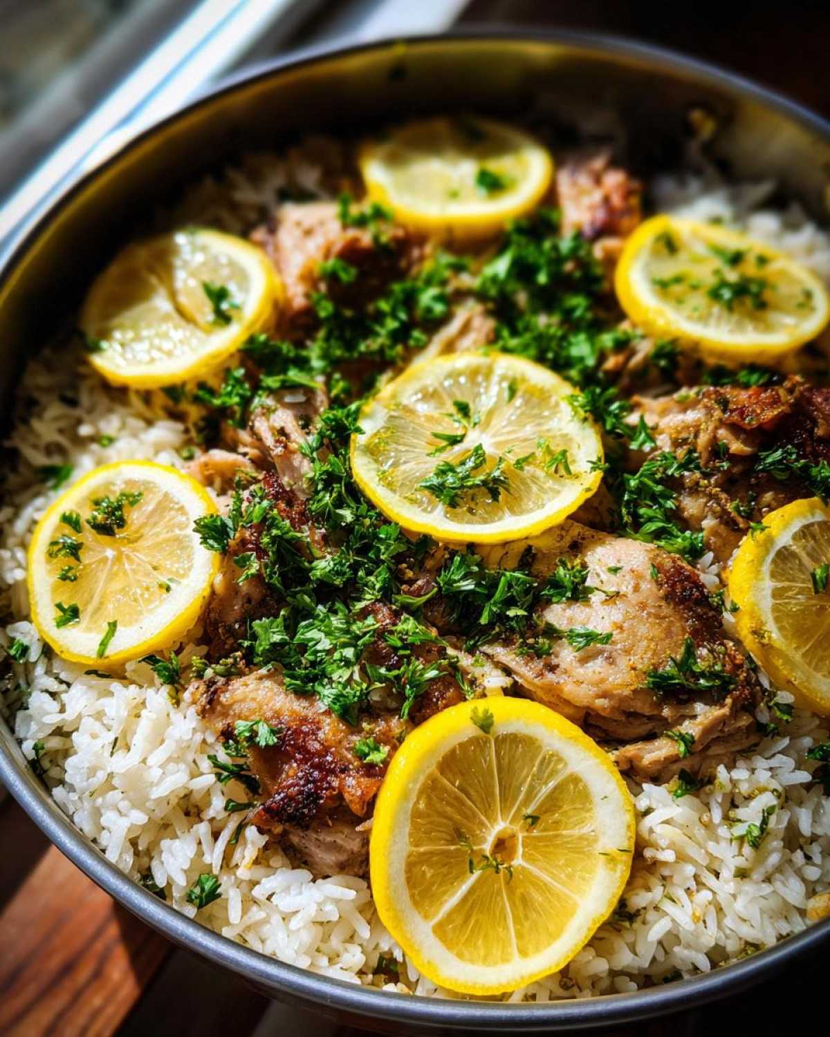 Close-up of One-Pot Chicken and Rice with Lemon and Herbs, garnished with lemon slices and fresh parsley.