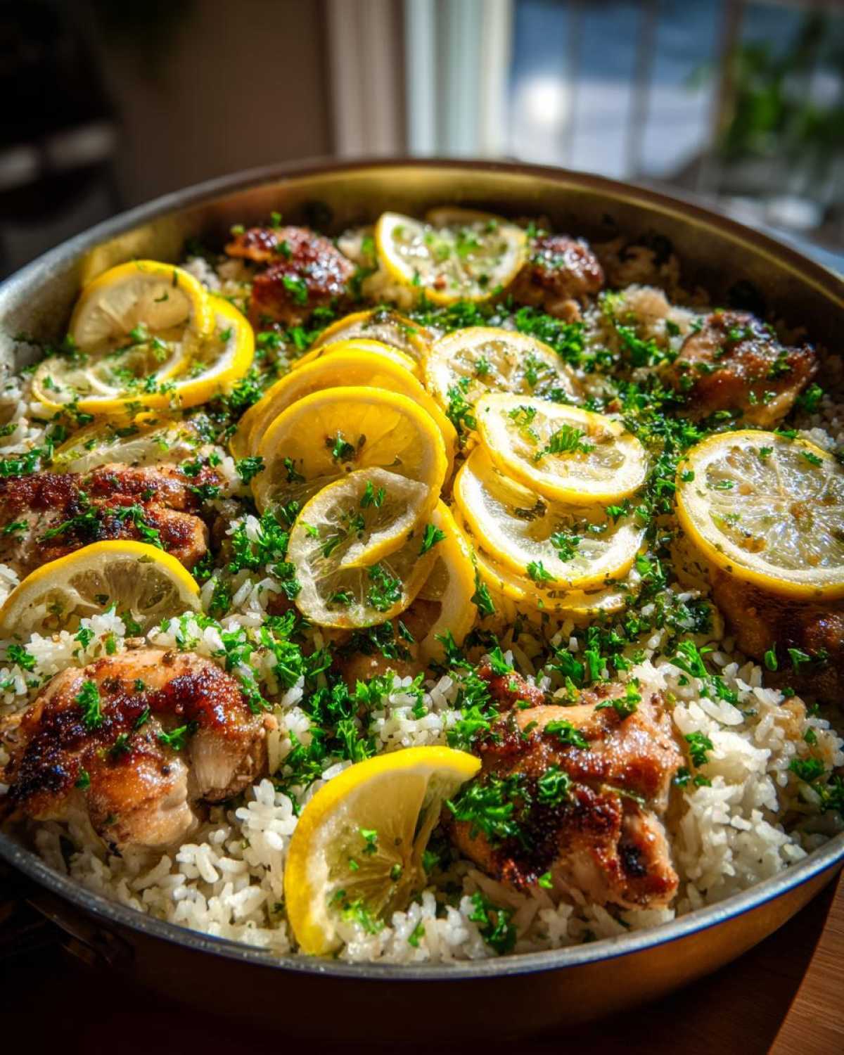 Close-up of One-Pot Chicken and Rice with Lemon and Herbs, garnished with lemon slices and parsley.