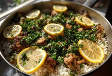 A skillet filled with One-Pot Chicken and Rice with Lemon and Herbs, topped generously with fresh parsley and lemon slices.