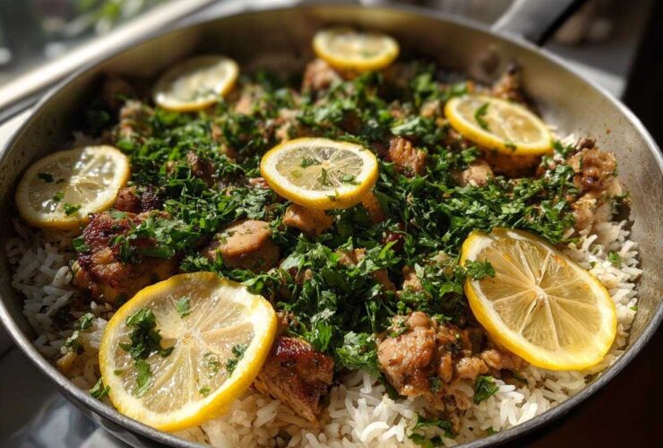 A skillet filled with One-Pot Chicken and Rice with Lemon and Herbs, topped generously with fresh parsley and lemon slices.