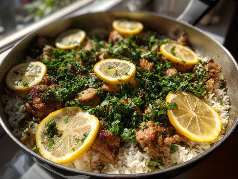 A skillet filled with One-Pot Chicken and Rice with Lemon and Herbs, topped generously with fresh parsley and lemon slices.
