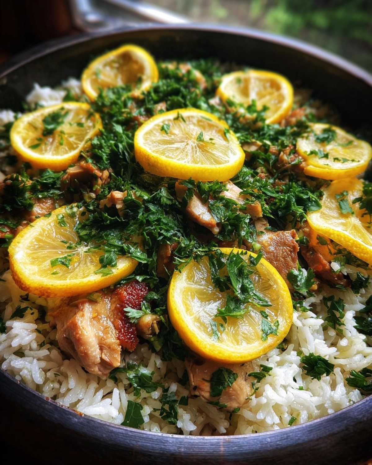 Close-up of One-Pot Chicken and Rice with Lemon and Herbs, topped with fresh parsley and lemon slices.