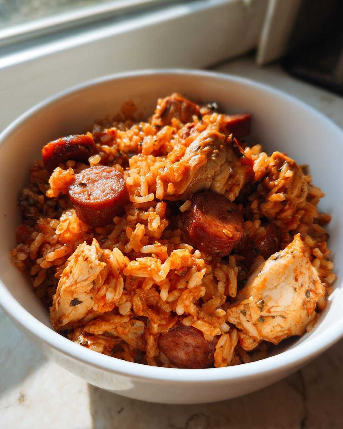 A close-up view of a white bowl filled with flavorful One-Pot Chicken Jambalaya, featuring rice, chicken chunks, and sliced sausage.