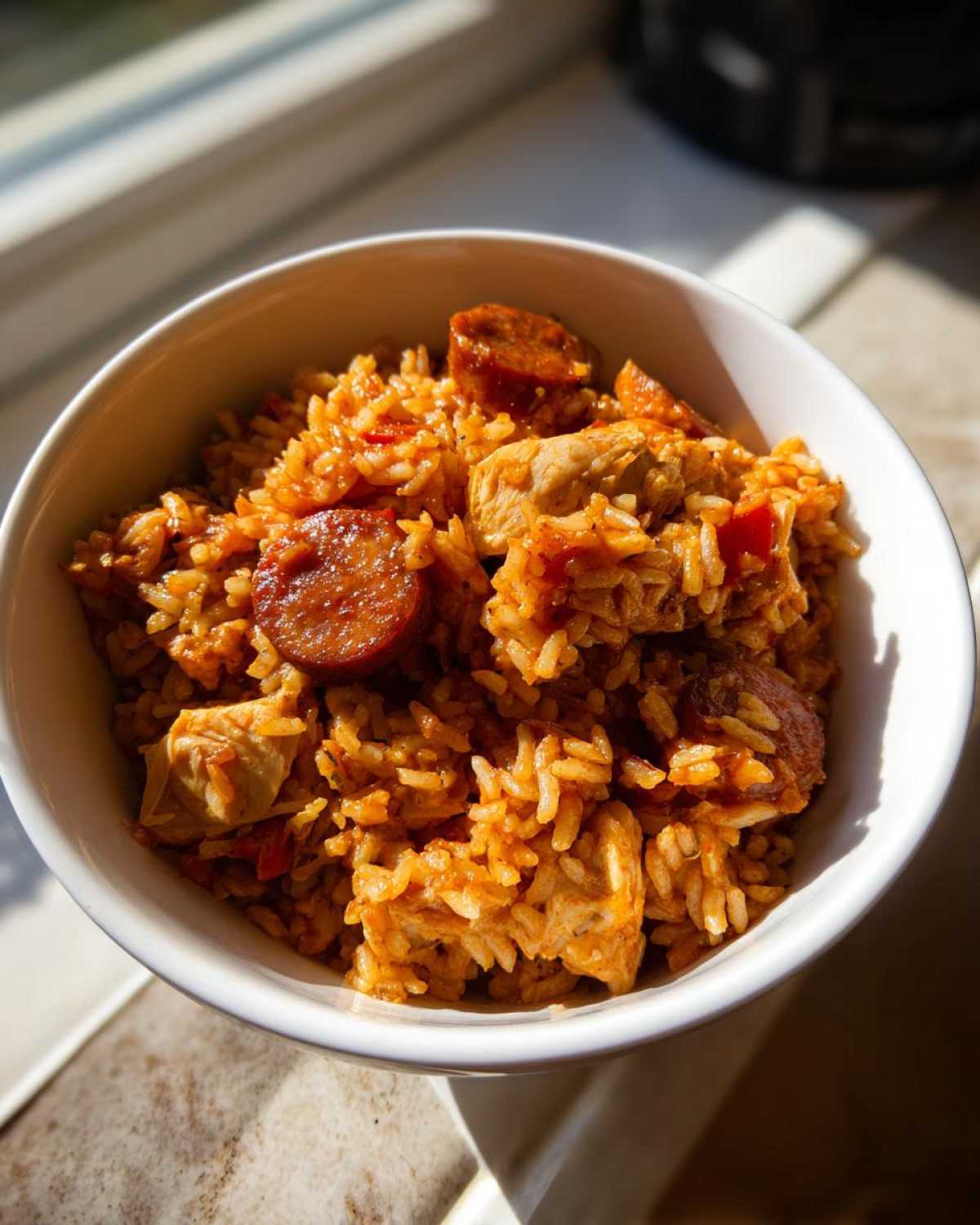 Close-up of a white bowl filled with savory One-Pot Chicken Jambalaya, featuring rice, chicken chunks, and sliced andouille sausage.