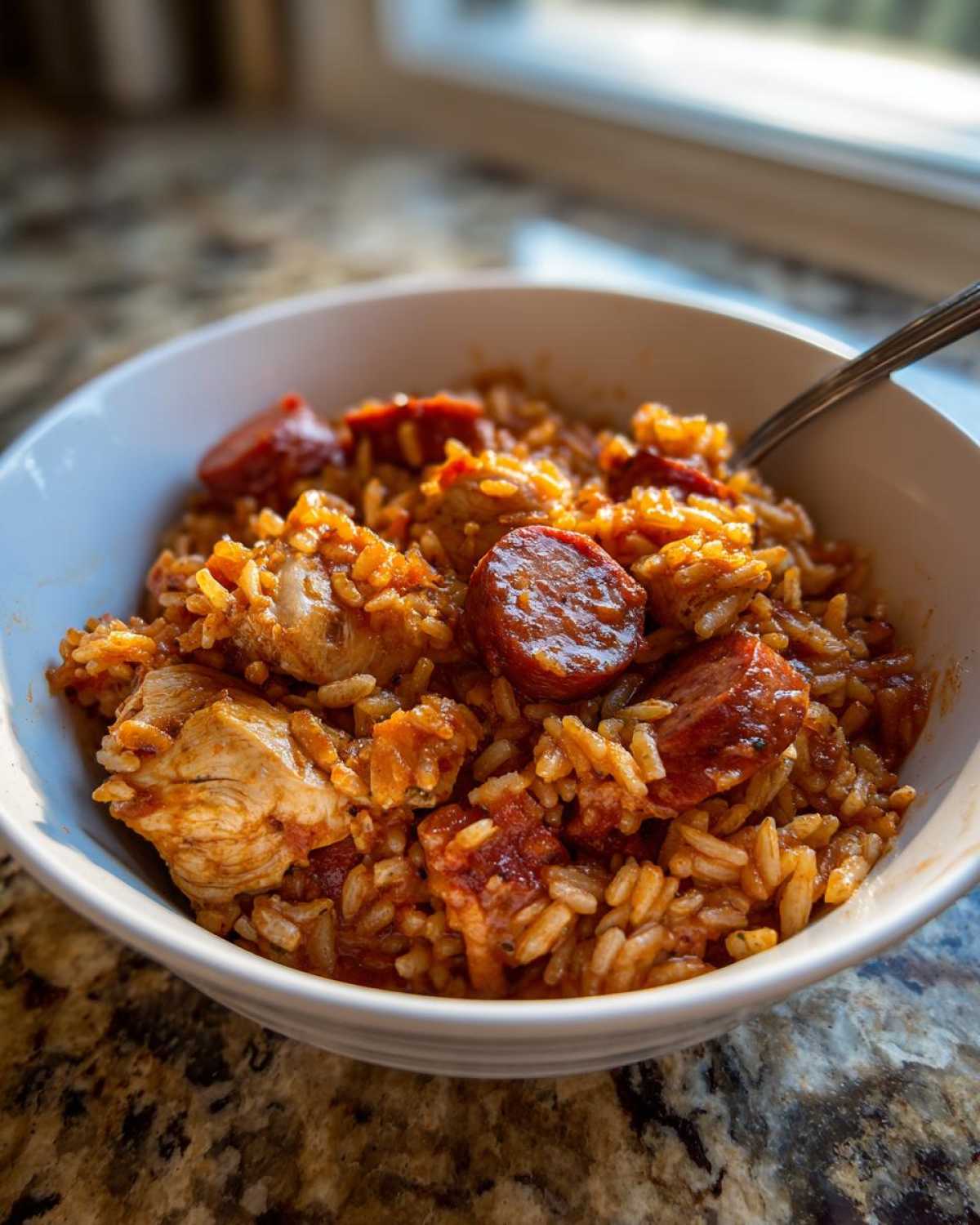 Close-up of a white bowl filled with flavorful One-Pot Chicken Jambalaya featuring rice, chicken chunks, and sliced andouille sausage.