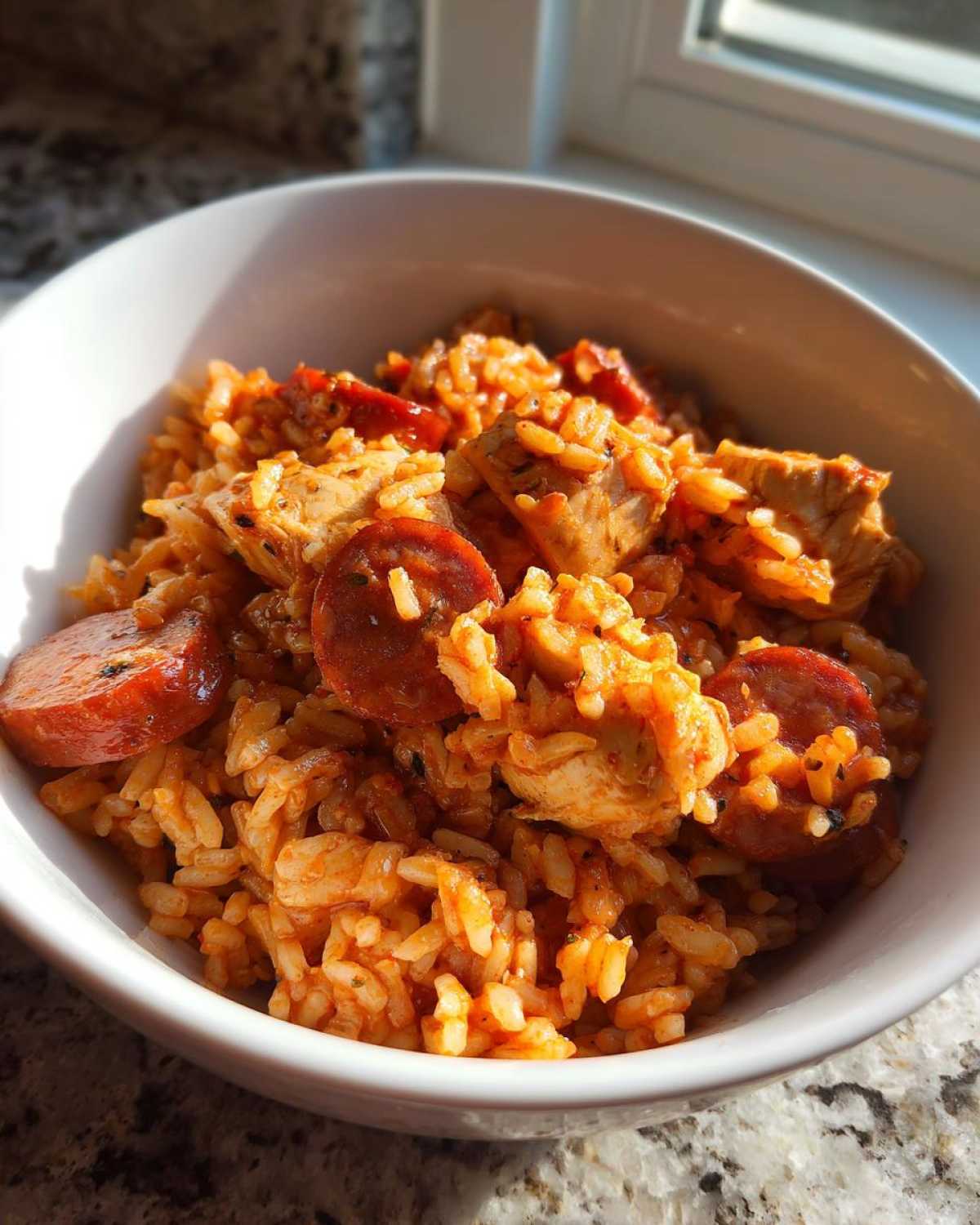 Close-up of a white bowl filled with flavorful One-Pot Chicken Jambalaya, featuring rice, chicken chunks, and sliced andouille sausage.