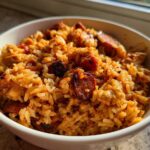 Close-up of a white bowl filled with flavorful One-Pot Chicken Jambalaya featuring rice, chicken, and sliced sausage.