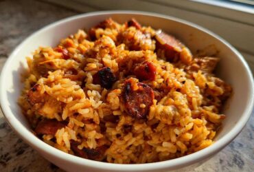 Close-up of a white bowl filled with flavorful One-Pot Chicken Jambalaya featuring rice, chicken, and sliced sausage.