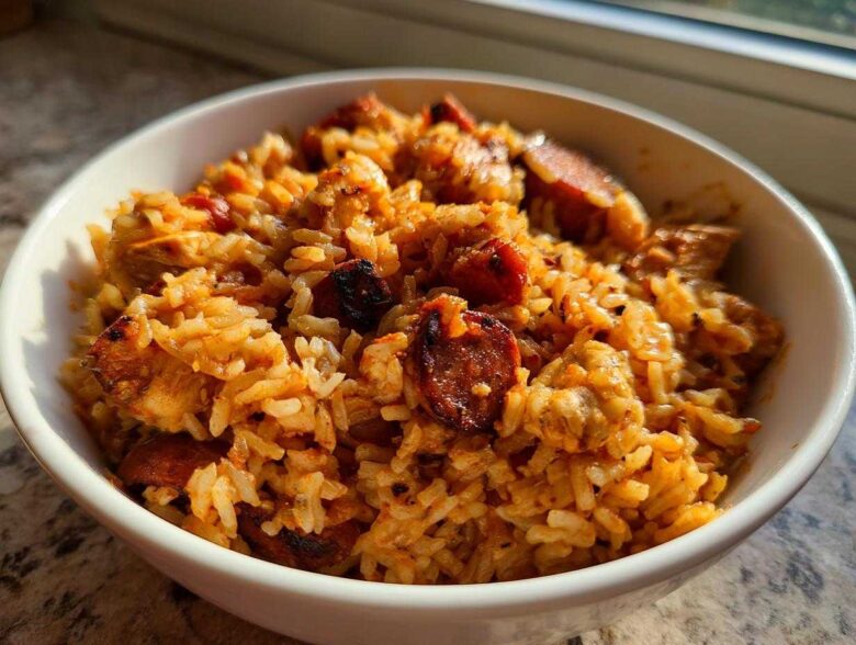 Close-up of a white bowl filled with flavorful One-Pot Chicken Jambalaya featuring rice, chicken, and sliced sausage.