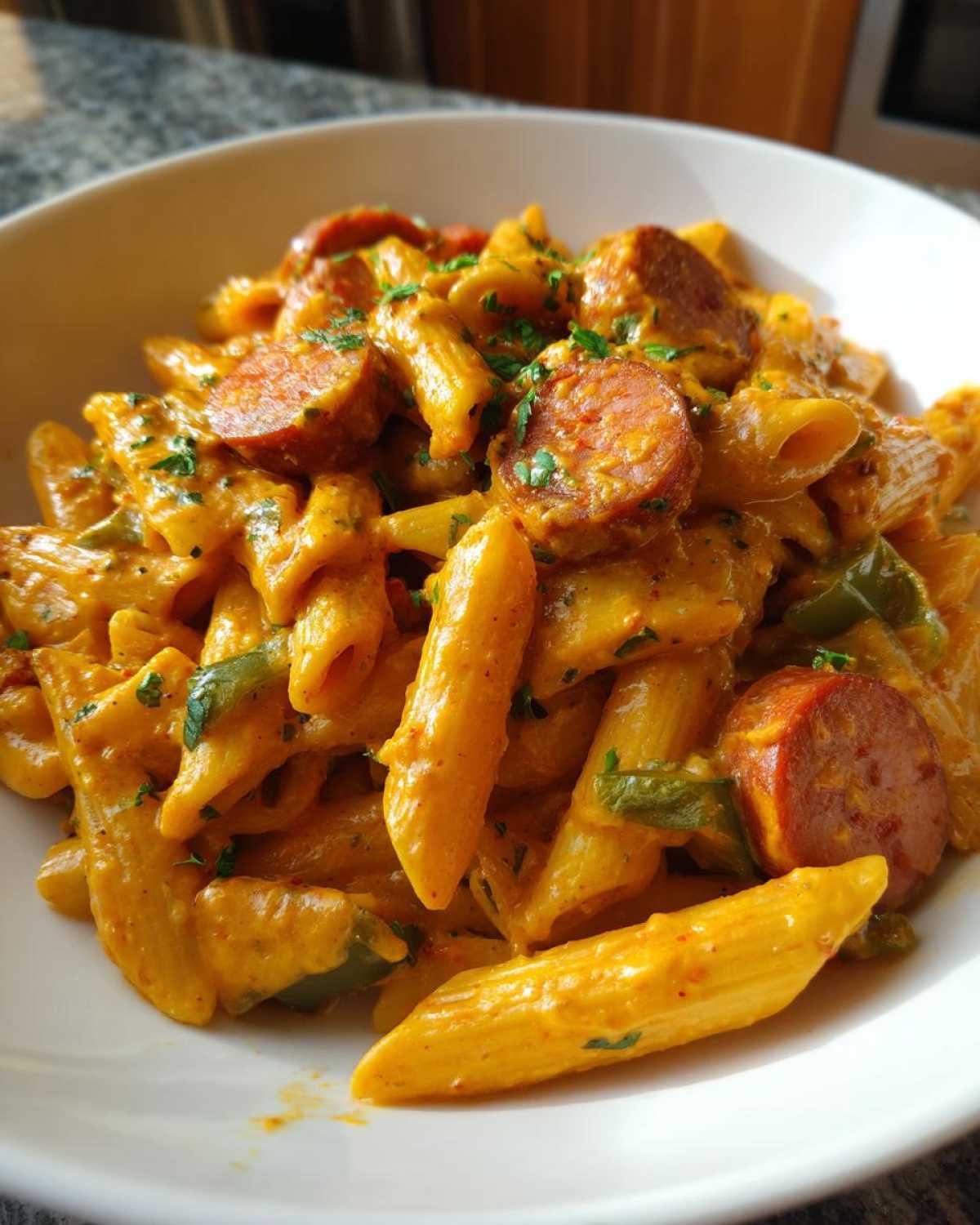 Close-up of a bowl filled with One-Pot Creamy Cajun Sausage Pasta, featuring penne, sliced sausage, and green peppers.