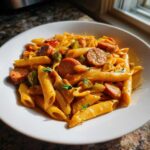 A close-up of One-Pot Creamy Cajun Sausage Pasta with penne, sliced sausage, and green peppers in a white bowl.