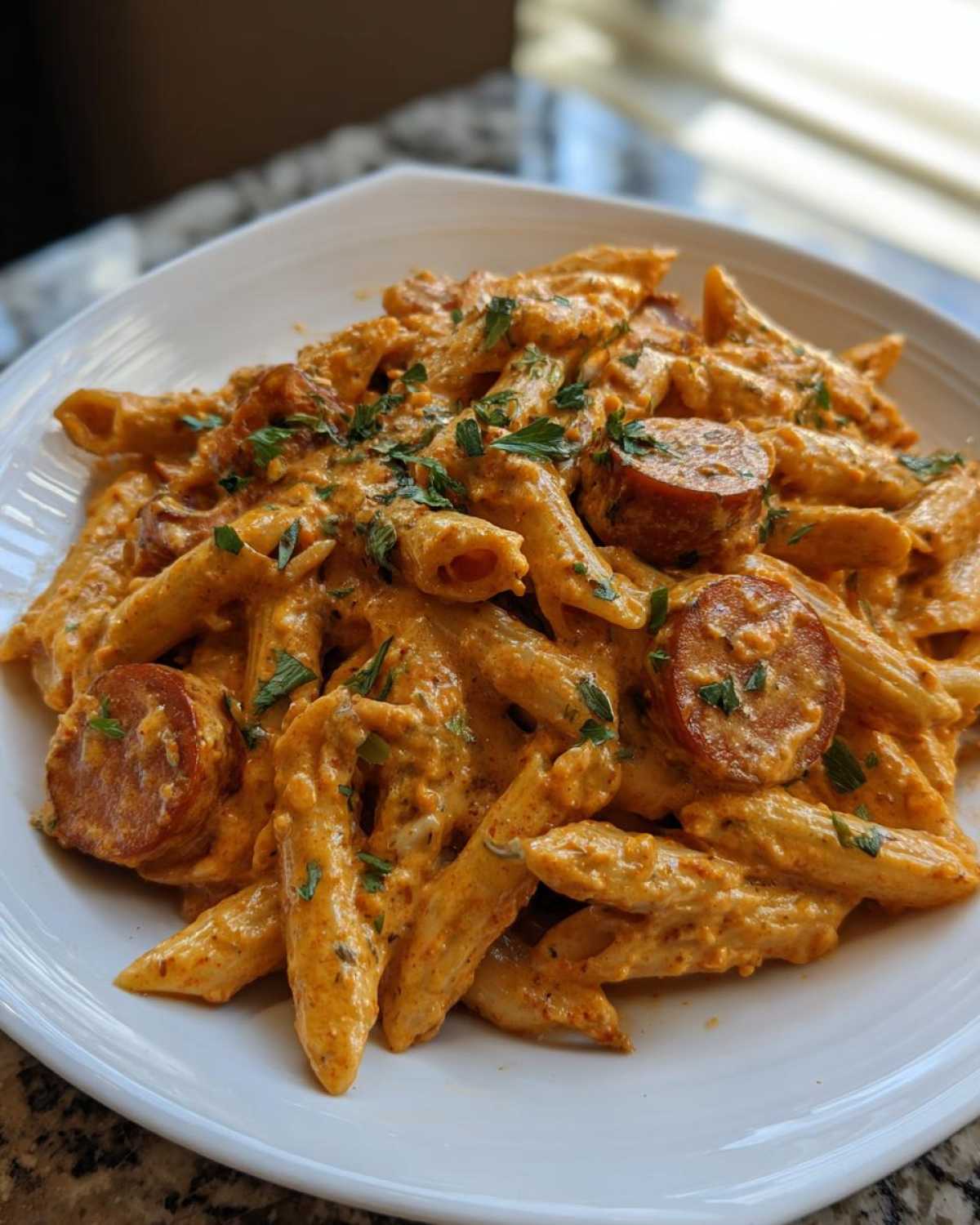 A close-up of a white plate filled with One-Pot Creamy Cajun Sausage Pasta, garnished with parsley.
