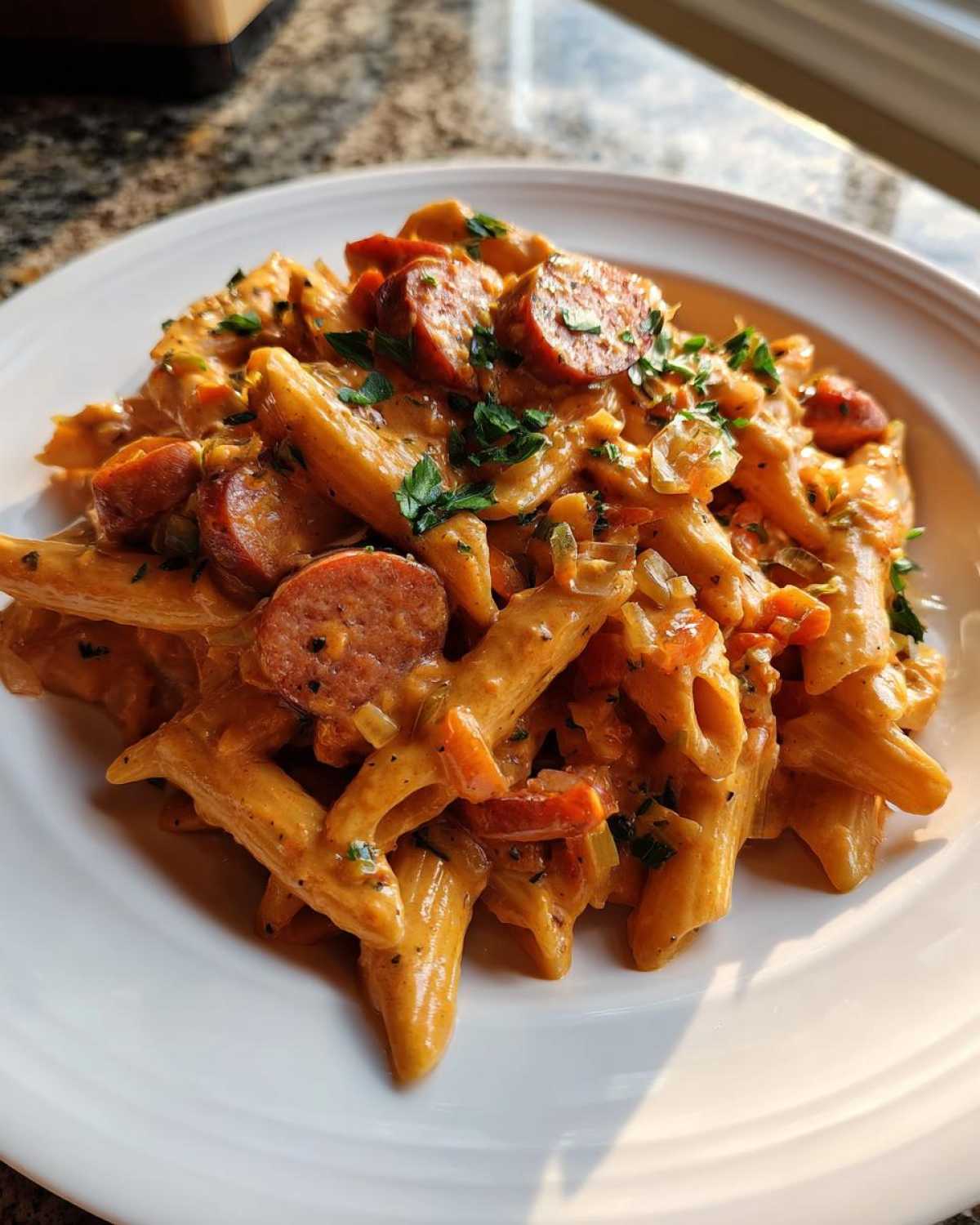 Close-up of One-Pot Creamy Cajun Sausage Pasta with penne, sliced sausage, and parsley garnish.