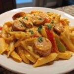 A close-up of a white plate filled with One-Pot Creamy Cajun Sausage Pasta, featuring penne, sliced sausage, and bell peppers.