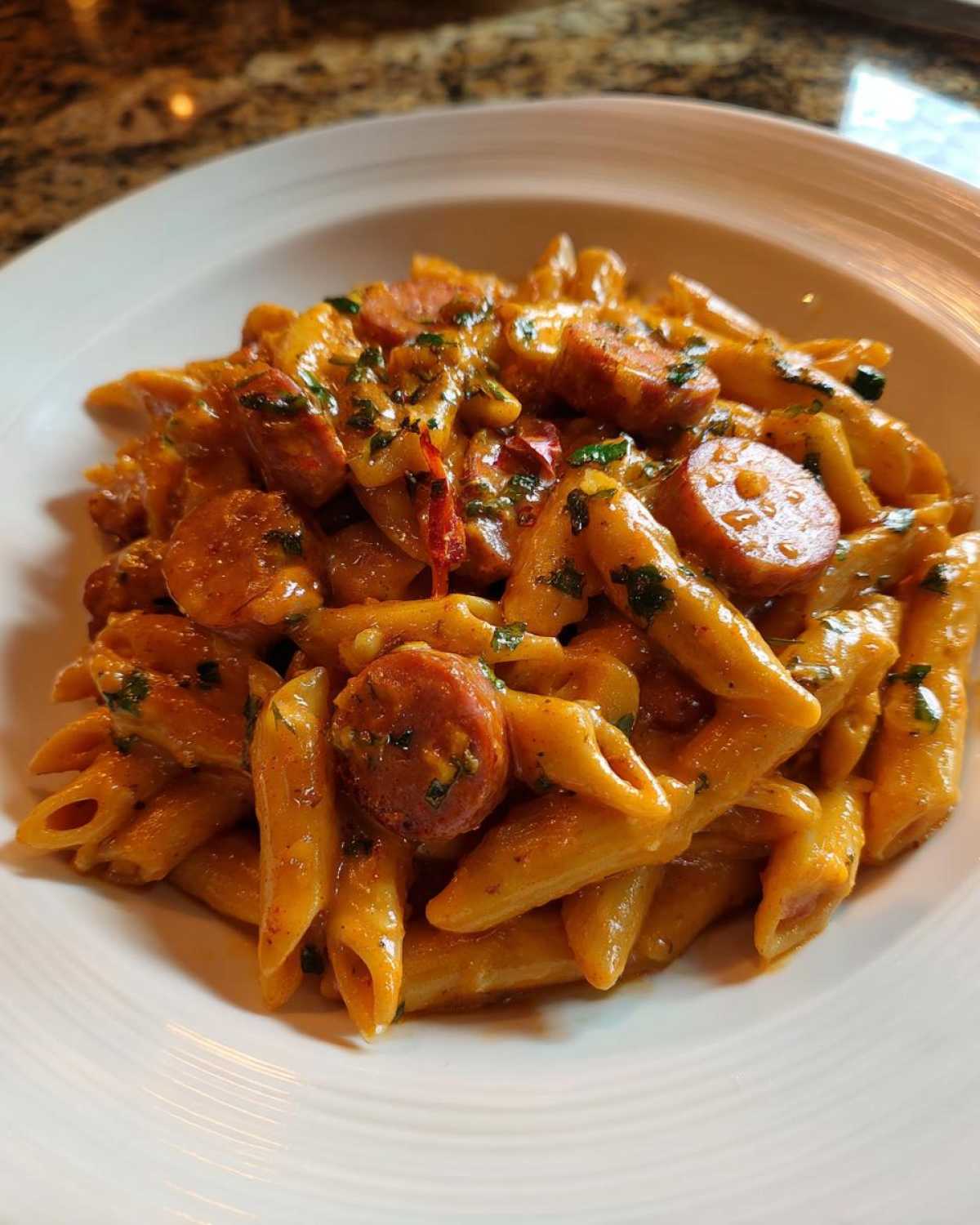 A close-up of a white bowl filled with One-Pot Creamy Cajun Sausage Pasta, garnished with parsley.