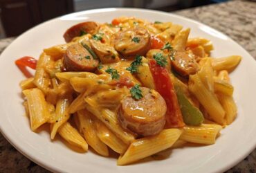A close-up of a white plate filled with One-Pot Creamy Cajun Sausage Pasta, featuring penne, sliced sausage, and bell peppers.