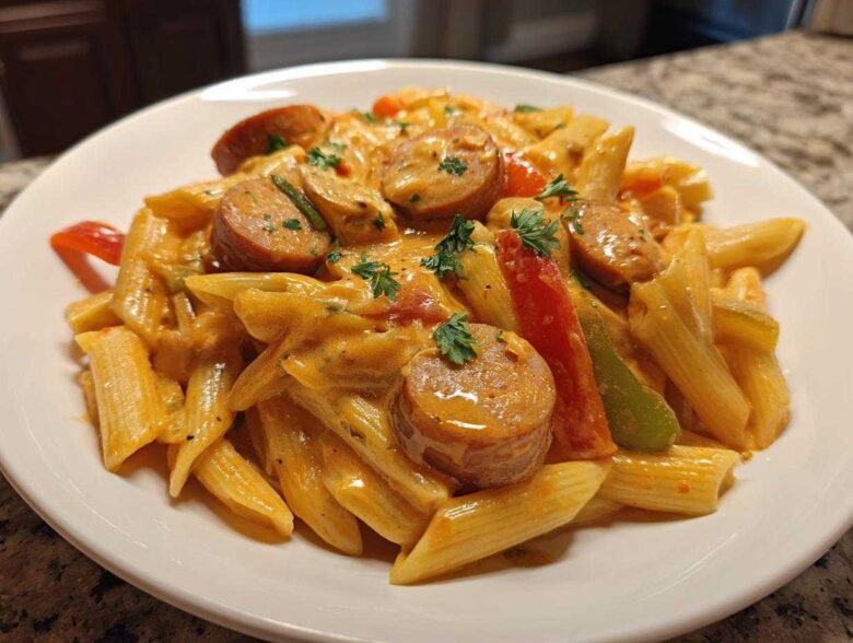 A close-up of a white plate filled with One-Pot Creamy Cajun Sausage Pasta, featuring penne, sliced sausage, and bell peppers.