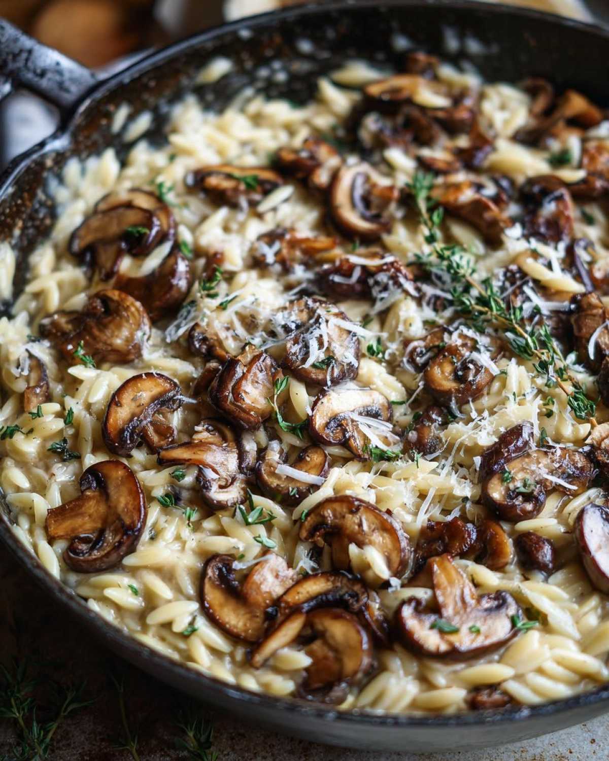 Close-up of rich One-Pot Creamy Mushroom Orzo topped with sautéed mushrooms and grated cheese.