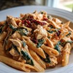 Close-up of One-Pot Creamy Tuscan Chicken Pasta featuring penne, chicken, spinach, and sun-dried tomatoes.