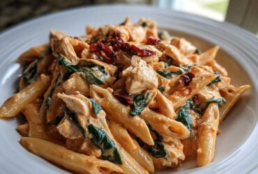 Close-up of One-Pot Creamy Tuscan Chicken Pasta featuring penne, chicken, spinach, and sun-dried tomatoes.