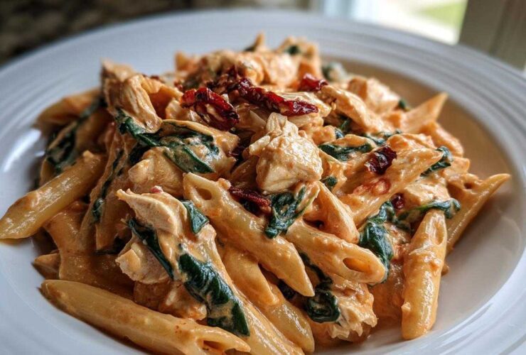 Close-up of One-Pot Creamy Tuscan Chicken Pasta featuring penne, chicken, spinach, and sun-dried tomatoes.