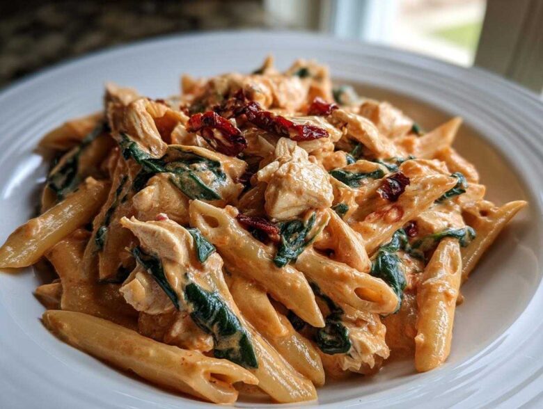 Close-up of One-Pot Creamy Tuscan Chicken Pasta featuring penne, chicken, spinach, and sun-dried tomatoes.