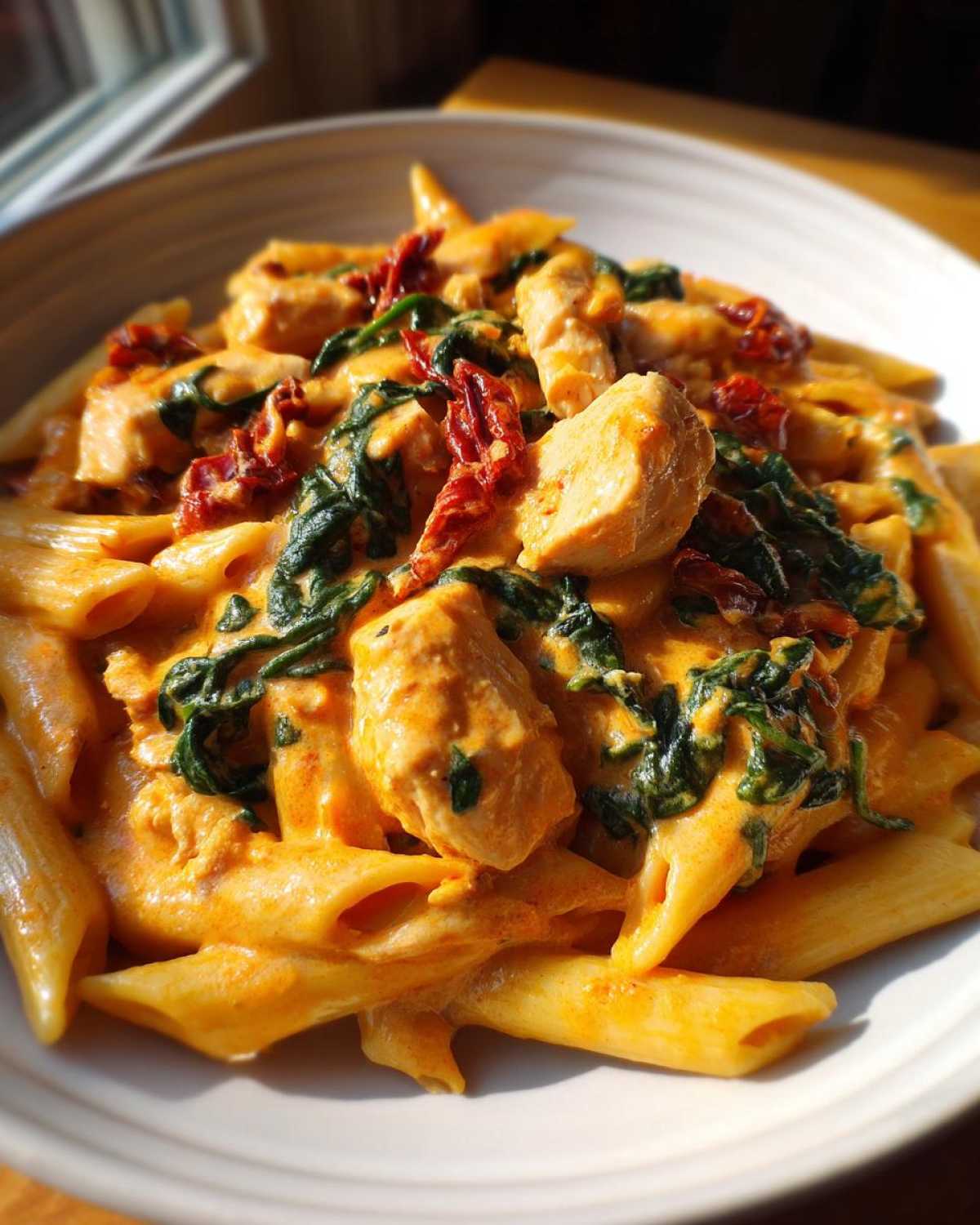 A close-up bowl of One-Pot Creamy Tuscan Chicken Pasta featuring penne, chicken chunks, spinach, and sun-dried tomatoes.