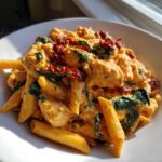 A close-up of creamy One-Pot Creamy Tuscan Chicken Pasta featuring penne, chicken chunks, spinach, and sun-dried tomatoes.