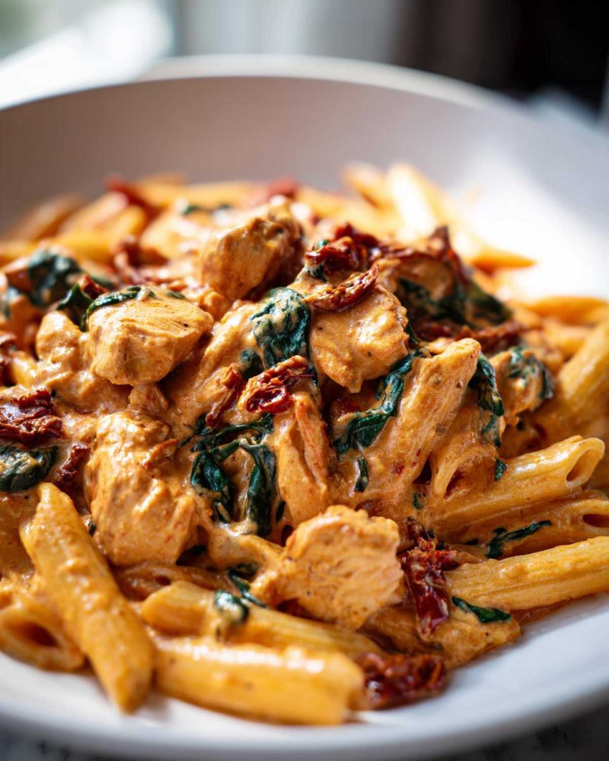 A close-up of a bowl of One-Pot Creamy Tuscan Chicken Pasta featuring penne, chicken chunks, spinach, and sun-dried tomatoes.