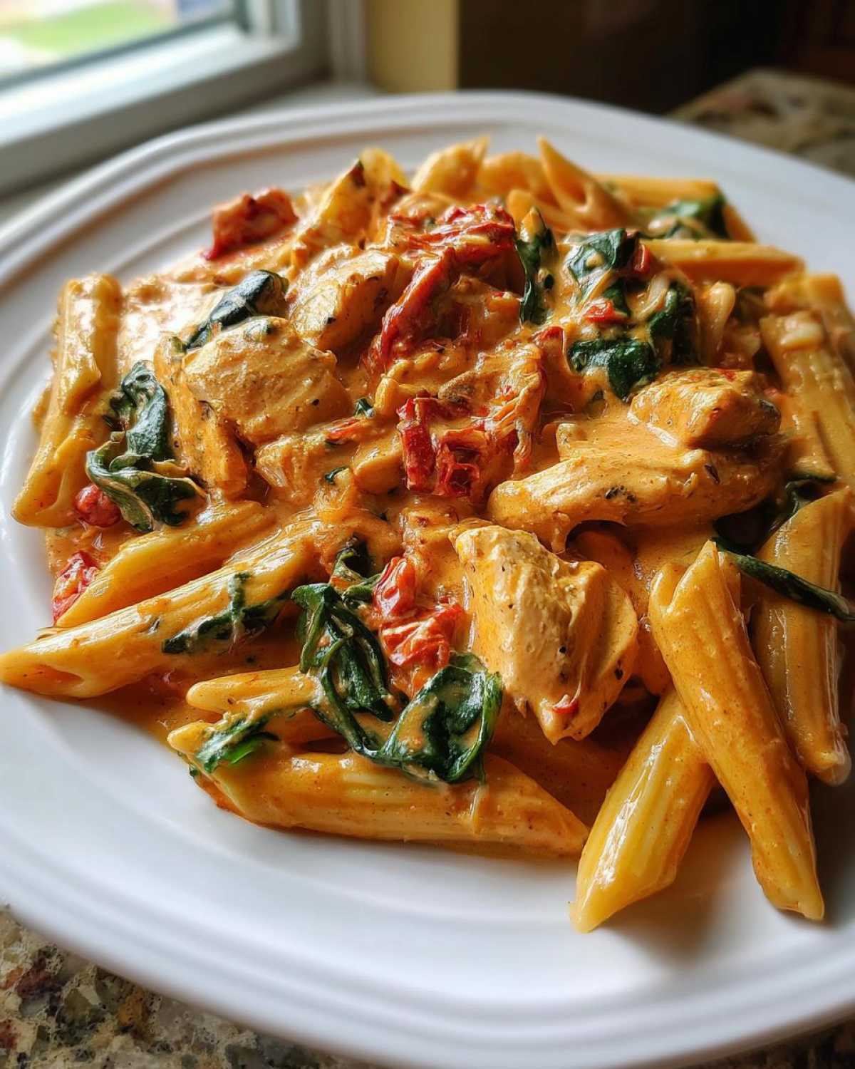 A close-up of One-Pot Creamy Tuscan Chicken Pasta featuring penne, chicken pieces, spinach, and sun-dried tomatoes in a rich sauce.