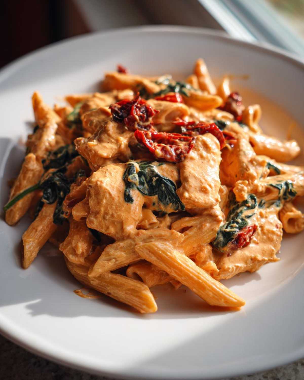A close-up of One-Pot Creamy Tuscan Chicken Pasta with penne, spinach, and sun-dried tomatoes.