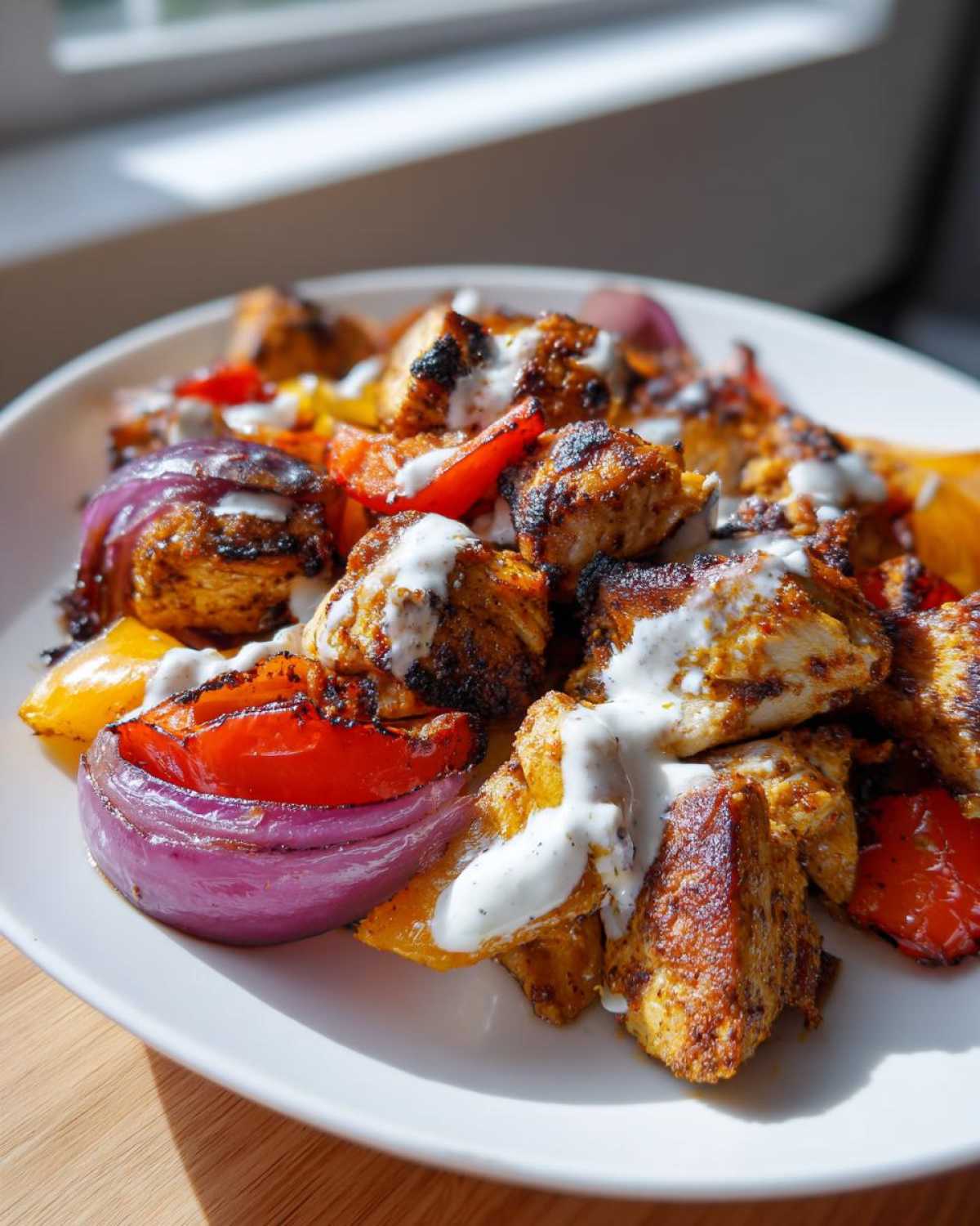 Close-up of seasoned Sheet Pan Chicken Shawarma pieces topped with white garlic yogurt sauce and roasted vegetables.