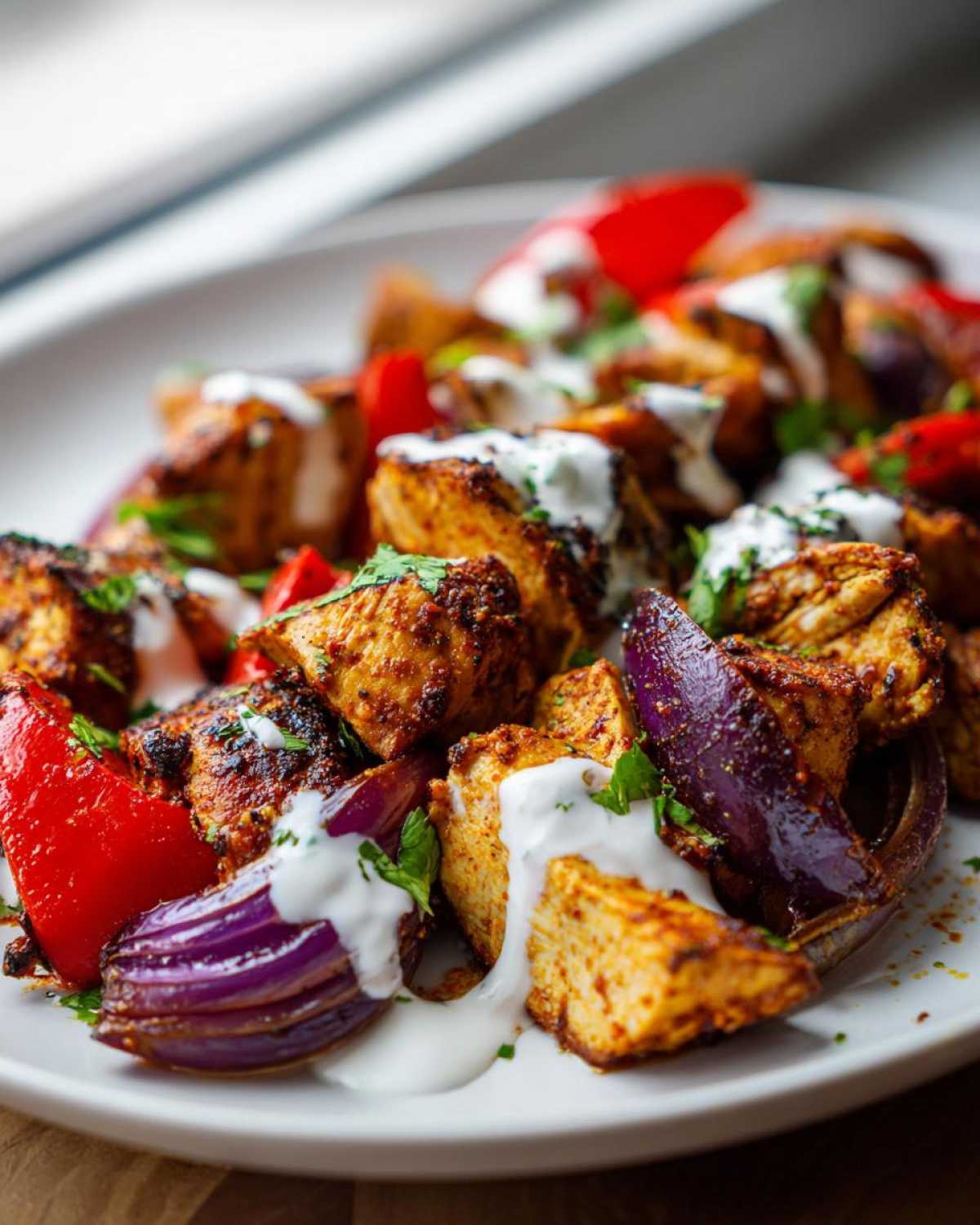 Close-up of seasoned Sheet Pan Chicken Shawarma pieces with roasted red onion and drizzled with white garlic yogurt sauce.