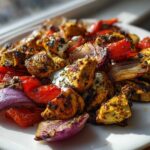 Close-up of charred Sheet Pan Chicken Shawarma with roasted red onions and peppers, drizzled with garlic yogurt sauce.