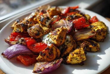Close-up of charred Sheet Pan Chicken Shawarma with roasted red onions and peppers, drizzled with garlic yogurt sauce.