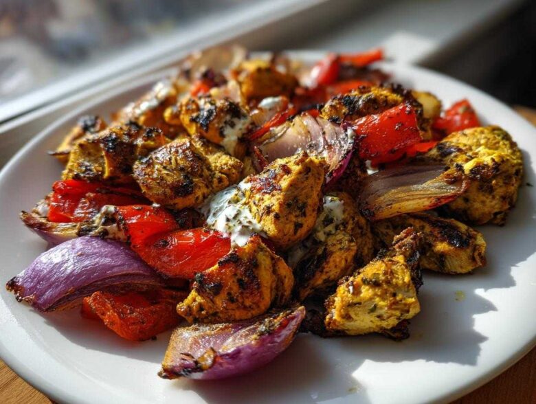 Close-up of charred Sheet Pan Chicken Shawarma with roasted red onions and peppers, drizzled with garlic yogurt sauce.