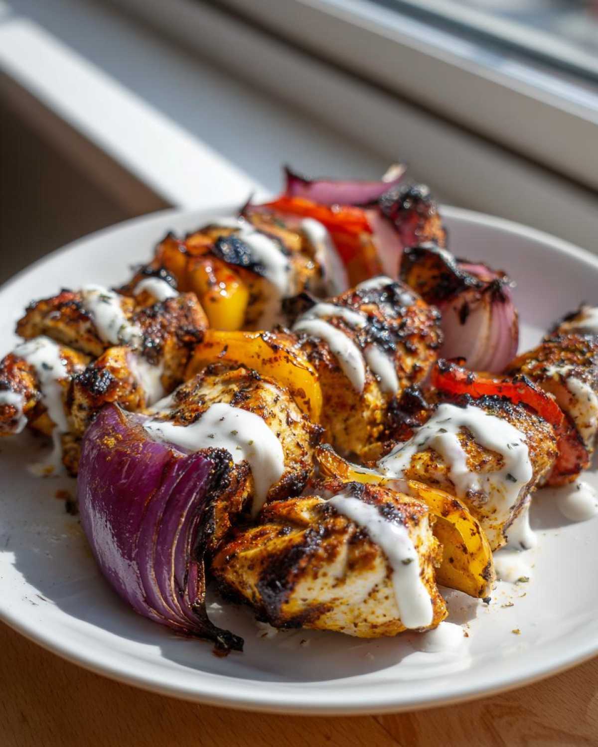 Close-up of charred Sheet Pan Chicken Shawarma pieces drizzled with white garlic yogurt sauce on a white plate.