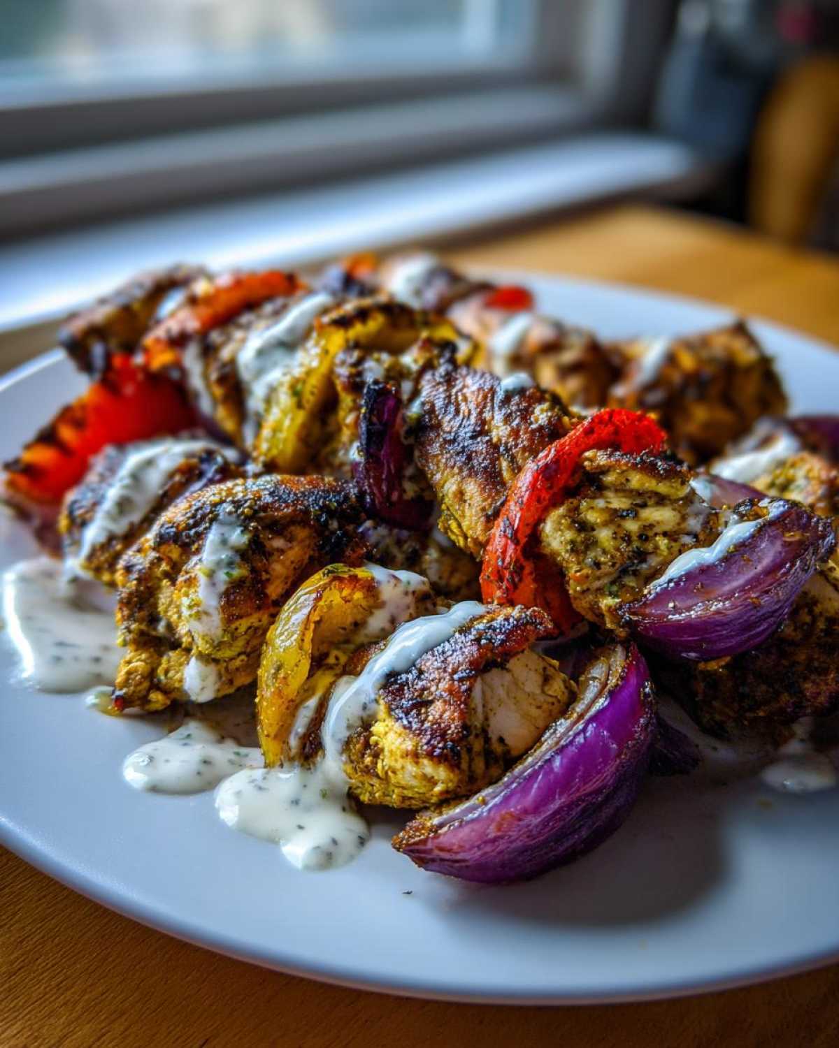 Close-up of grilled Sheet Pan Chicken Shawarma pieces with roasted red onion and peppers, drizzled with garlic yogurt sauce.