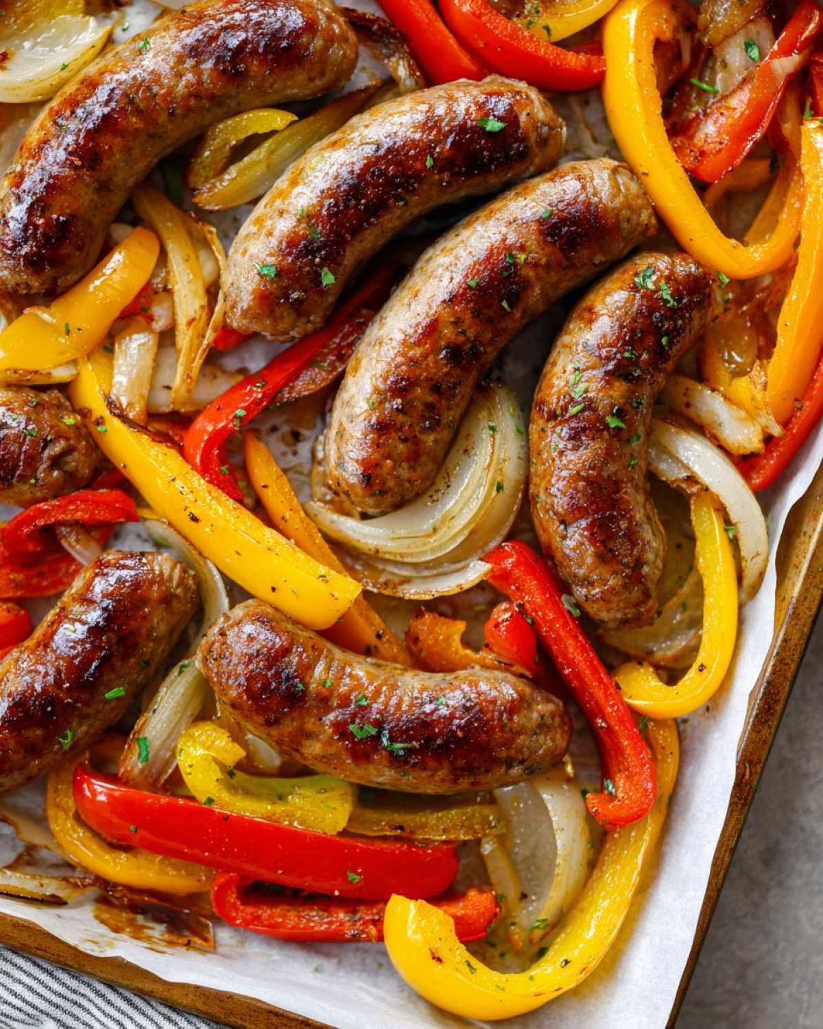 Close-up overhead view of browned sausages roasted with colorful peppers and onions on a sheet pan for Sheet Pan Sausage and Peppers.