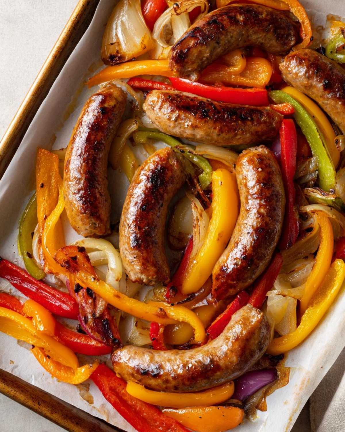 Close-up of browned sausages nestled among roasted red, yellow, and green bell peppers and onions on a sheet pan.