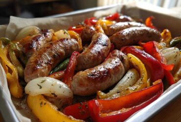 Close-up of browned sausages roasted with colorful bell peppers and onions on a sheet pan.